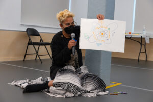kumari giles, a genderfabulous light brown masked person with short blonde bleached hair with shaved sides and glasses. They are wearing black clothing with a gray/black/white blanket over their lap while sitting on the studio floor, knees bent and presenting an art piece during a workshop while leaning on a gray beam.