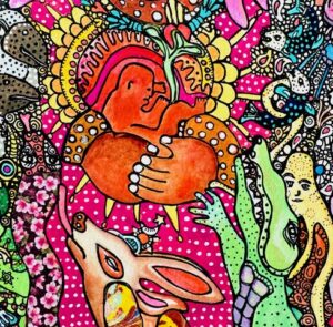 A colorful illustration shows abstract and whimsical creatures encircling a central orange figure with a red face, all set against a pink polka-dotted background.