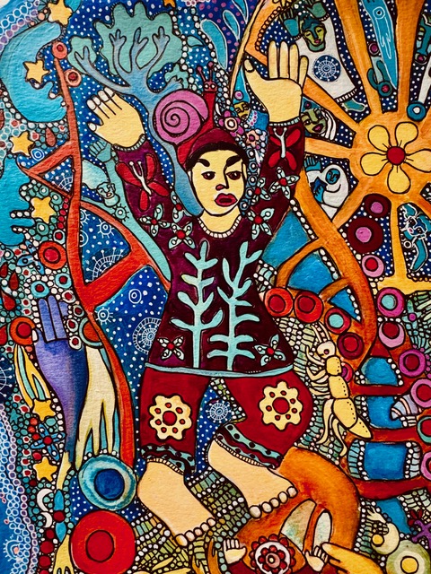 A vibrant abstract painting shows a person in a red outfit with white tree-like patterns and a blurred face, surrounded by colorful flowers, circles, and organic shapes.