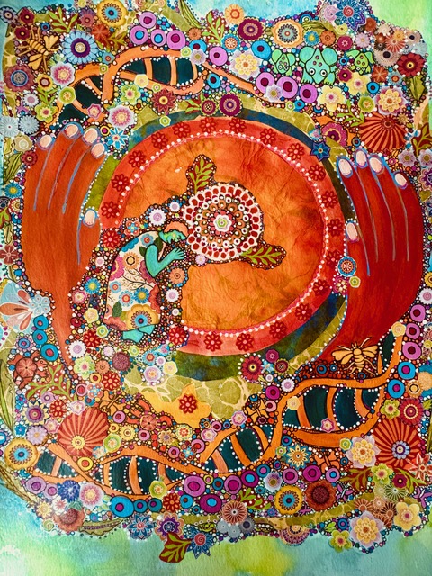 A vivid abstract painting displays a central circular motif with detailed patterns, flanked by two large red hands and surrounded by floral and geometric designs.