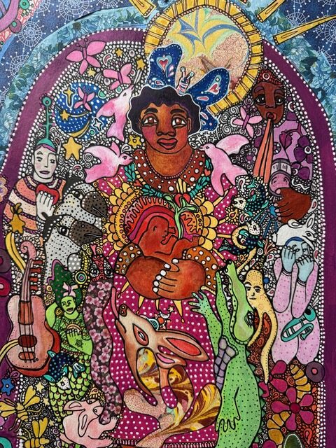 A vibrant artwork filled with abstract and surreal elements, including human faces, animals, musical instruments, and intricate decorative patterns.