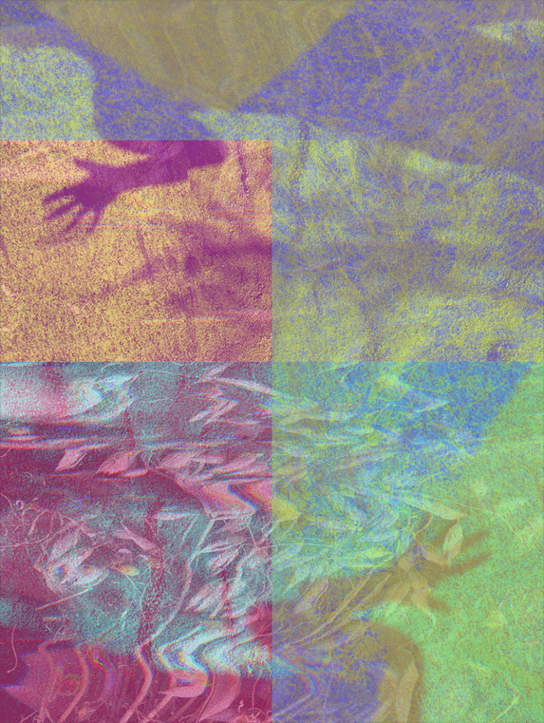 An abstract composition divided into four quadrants, with the upper left showing a purple hand silhouette on a warm-toned background and the other sections displaying swirling, layered hues of blue, green, and pink.