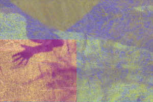 An abstract composition with the upper left showing a purple hand silhouette on a warm-toned background and the other sections displaying swirling, layered hues of green and purple.