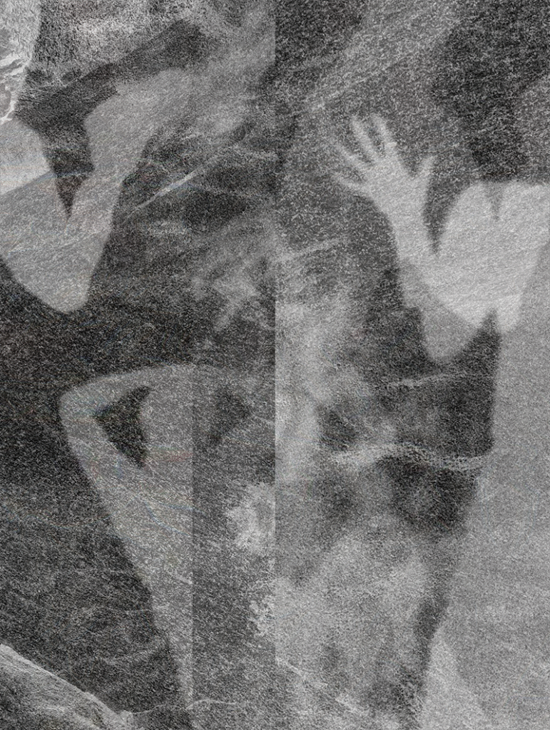 A grayscale abstract composition featuring ghostly, overlapping silhouettes of human figures with raised arms and bent limbs, layered over textured, grainy surfaces.