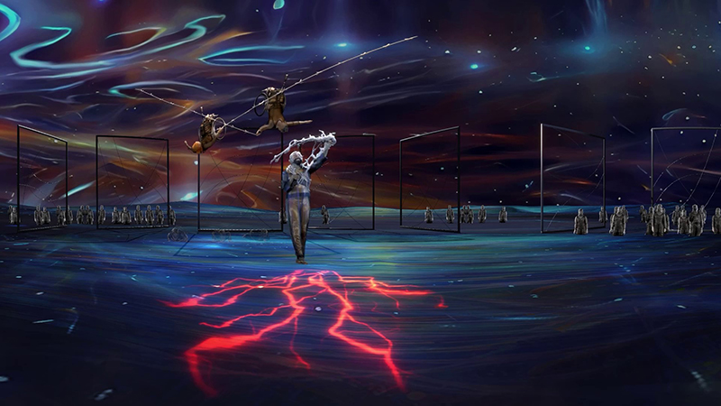 A still from Kinetic Light’s VR experience, territory. In a futuristic realm, a figure whips wire above his head as vibrant red lightning bolts emerge from his feet, scattering across the landscape. Behind him, angular gates separate dozens of kneeling figures; two flying figures swing through the multicolored swirling sky, trailing lines of barbed wire. Credit: Double Eye Studios/Kinetic Light.