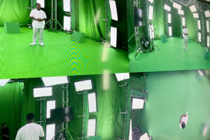 A person stands and moves within a professional green‑screen studio surrounded by bright lights and cameras captured from multiple angles.