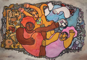 A vibrant abstract composition features a stylized figure with raised arms surrounded by dense, colorful patterns of circles, lines, and flowing shapes arranged like a decorative mosaic.