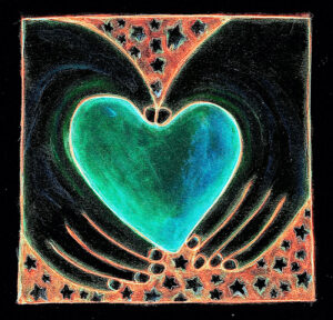 A glowing turquoise heart is cradled by dark wing-like shapes against a star-filled, fiery orange background in a bold, high-contrast painting.