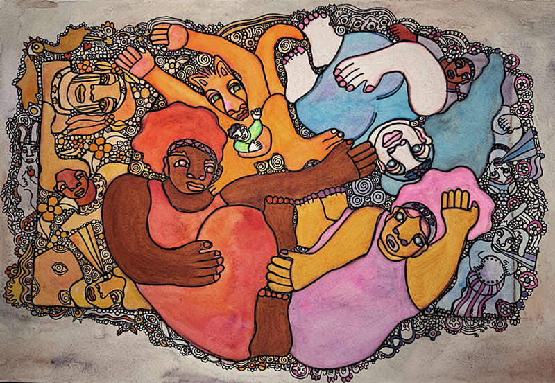 A vibrant abstract composition features a stylized figure with raised arms surrounded by dense, colorful patterns of circles, lines, and flowing shapes arranged like a decorative mosaic.