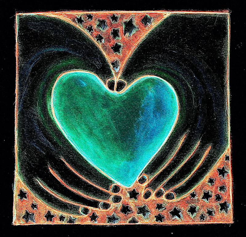 A glowing turquoise heart is cradled by dark wing-like shapes against a star-filled, fiery orange background in a bold, high-contrast painting.