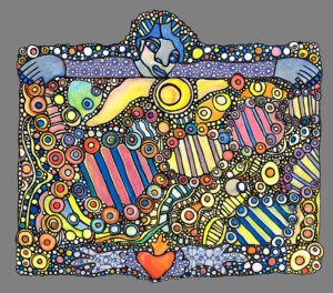 A colorful, intricate abstract artwork shows a stylized human figure with outstretched arms above a dense pattern of bright circles, lines, and organic shapes arranged in a mosaic-like composition.