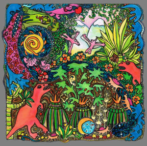 A colorful, intricate illustration depicts a lively jungle scene filled with stylized animals, plants, and swirling patterns arranged in a dense, interconnected composition.