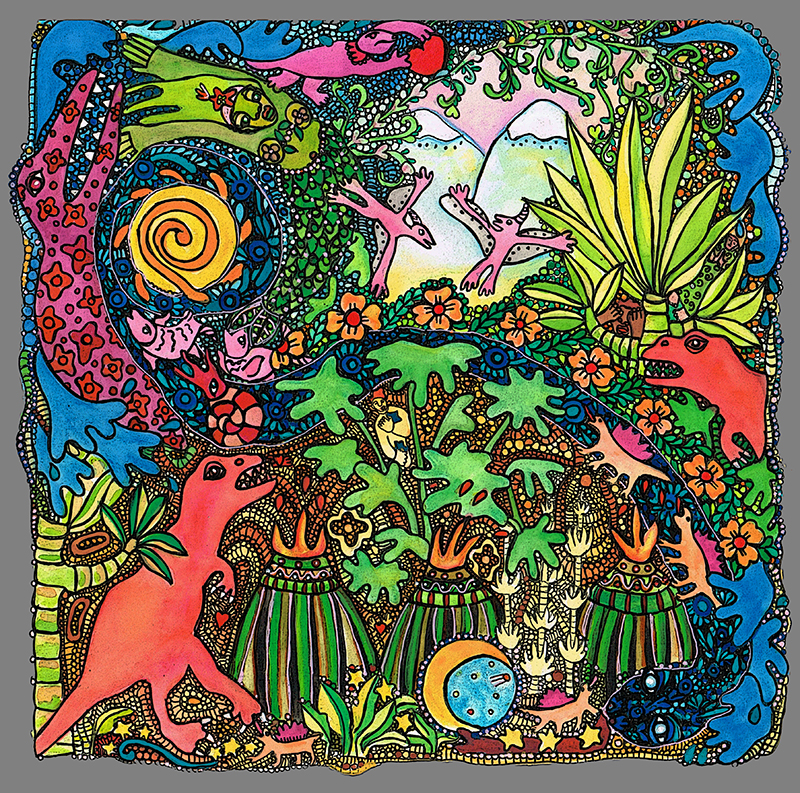 A colorful, intricate illustration depicts a lively jungle scene filled with stylized animals, plants, and swirling patterns arranged in a dense, interconnected composition.