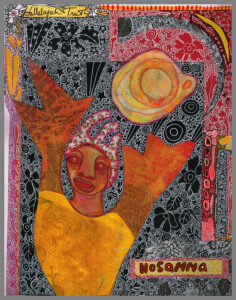 A vibrant, abstract mixed-media artwork shows a stylized figure with raised arms surrounded by swirling black-and-white patterns, bold red and orange shapes, and decorative text reading “Hallelujah Trust” and “Hosanna.”