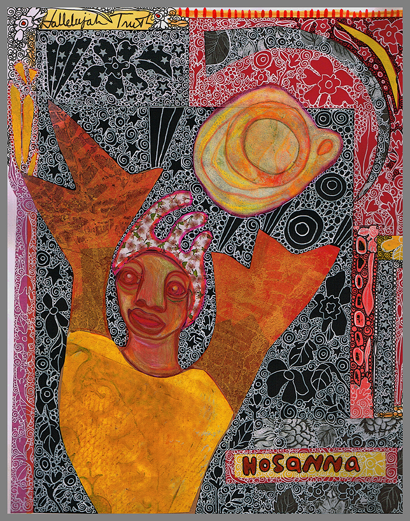 A vibrant, abstract mixed-media artwork shows a stylized figure with raised arms surrounded by swirling black-and-white patterns, bold red and orange shapes, and decorative text reading “Hallelujah Trust” and “Hosanna.”