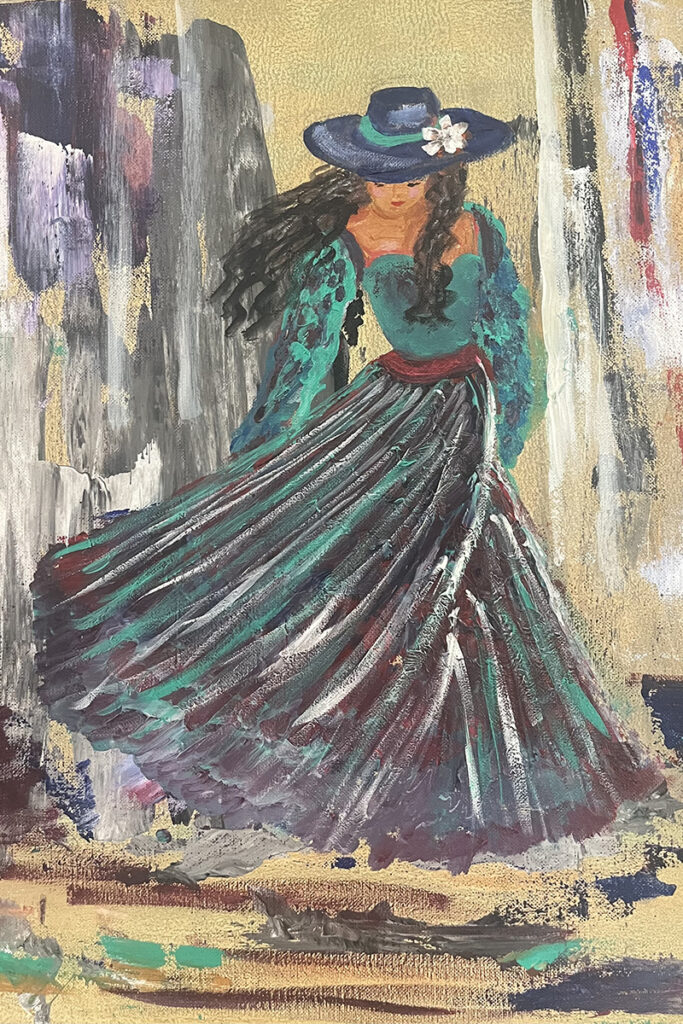 A textured painting shows a figure in a flowing teal dress and wide-brimmed hat, standing gracefully against an abstract, multicolored background.
