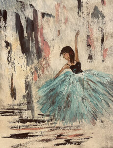 An expressive painting depicts a ballet dancer in a flowing blue tutu posed gracefully against a textured, abstract background of muted earth tones and brushstrokes.