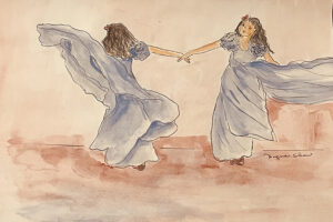 A delicate watercolor illustration shows two flowing, blue-dressed figures holding hands mid-spin on a soft, muted background of warm earth tones.