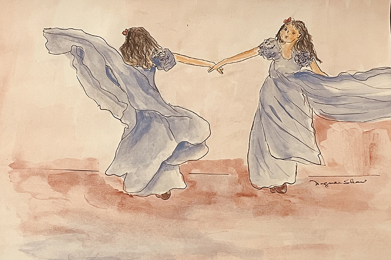 A delicate watercolor illustration shows two flowing, blue-dressed figures holding hands mid-spin on a soft, muted background of warm earth tones.