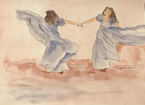 A delicate watercolor illustration shows two flowing, blue-dressed figures holding hands mid-spin on a soft, muted background of warm earth tones.