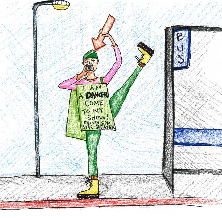 vA colorful hand-drawn illustration shows a dancer at a bus stop performing a high kick while holding a sign advertising an upcoming dance show.