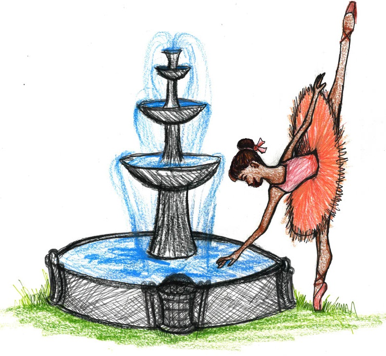 A hand-drawn illustration shows a ballet dancer in a pink tutu performing a high leg extension beside a tiered fountain with flowing water.