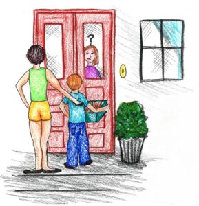 A hand-drawn illustration shows a dancer and a child standing at a red front door with a basket, while a person inside looks out through the glass panel.