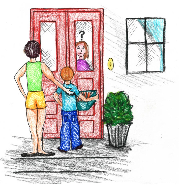 A hand-drawn illustration shows a dancer and a child standing at a red front door with a basket, while a person inside looks out through the glass panel.