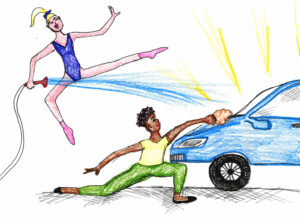 A colorful hand-drawn scene shows two dancers striking dramatic poses while washing a blue car with a spray hose and sponge.