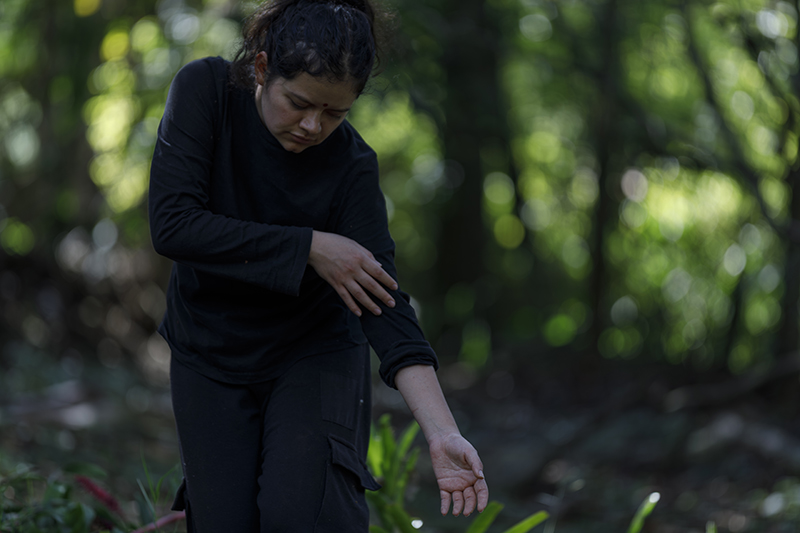 Four participants engage in a collaborative movement exercise in a wooded garden, with three people advancing in coordinated poses toward another participant who responds with a contrasting stance amid dense greenery.
